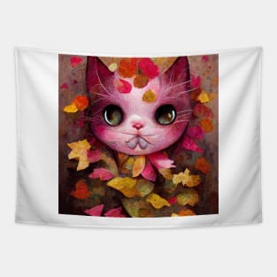 Adorable happy pink cute Kitty On The Autumn leaves cat lovers gift Tapestry