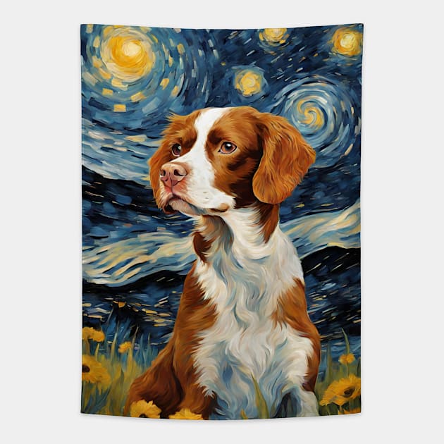 Cute Brittany Spaniel Dog Breed Painting in a Van Gogh Starry Night Art Style Tapestry by Art-Jiyuu