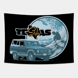 Texas-Style Surfer with Ford Bronco in medium and light blues Tapestry