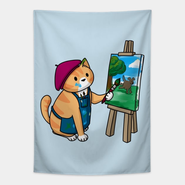 Cat artist easel beret Tapestry by Doodlecats 