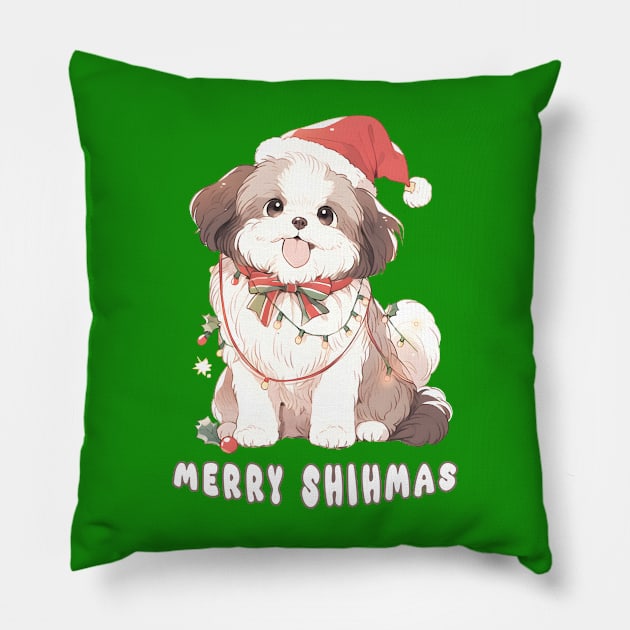 Merry Shihmas!! Merry Christmas Shih Tzu Pillow by The Digital Den