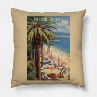 French Riviera, Vintage Travel Poster Pillow