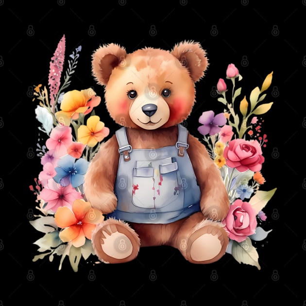 A teddy bear decorated with beautiful watercolor flowers by CreativeSparkzz