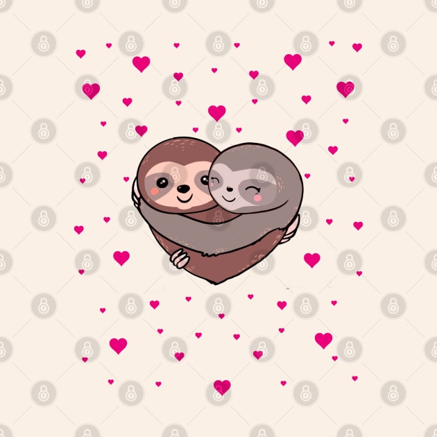 Sloths hugs, lovers couple cute, red heart by Collagedream