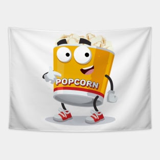 cartoon filled yellow popcorn bucket mascot showing himself Tapestry