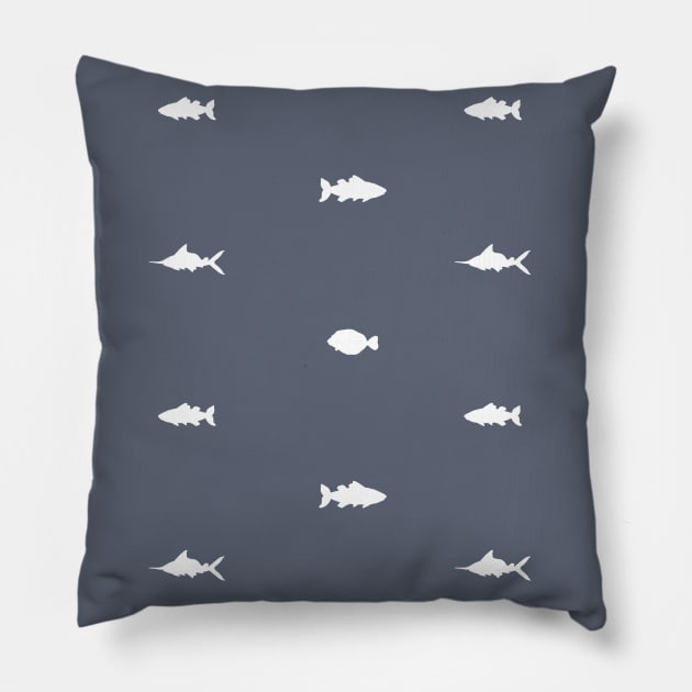 Blue white fish hand drawn silhouette pattern Pillow by essskina