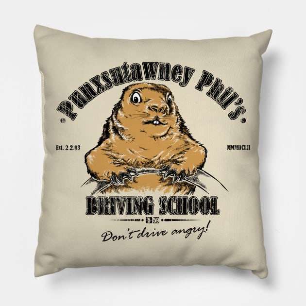 Punxsutawney Phil's Driving School Pillow by vincentcarrozza