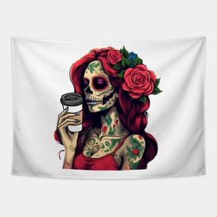 sugar skull coffee, coffee dia de los muertos Tapestry