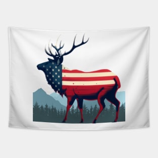 wapiti, american flag, mountain, forest, Colorado Tapestry