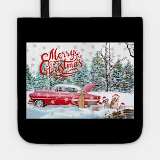 Red Car, Cats and Dogs Merry Christmas with Snowflakes Tote