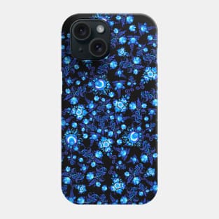 Blue flowers ornament on black background Phone Case