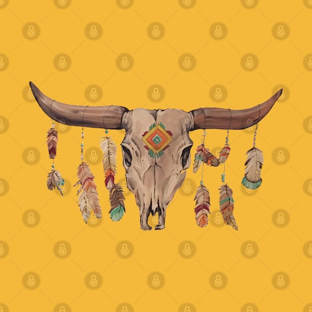 Cattle Skull With Feathers And Beads by BonnieSales