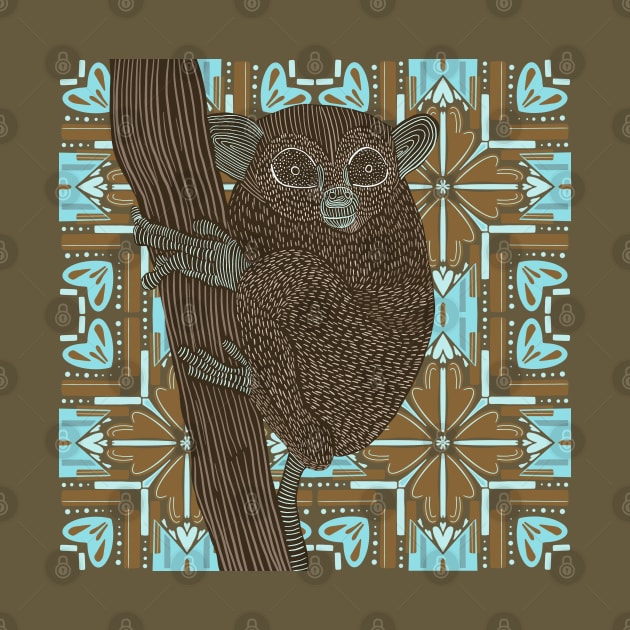 Cute Tarsier on a Brown and Blue Modern Hearts Pattern by Suneldesigns