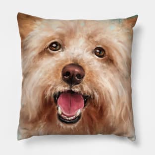 Painting of a Happy Yorkshire Terrier with Its Tongue Out on a Blue Background Pillow