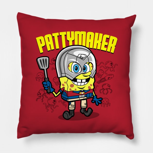 Funny Cute Superhero Burger Maker Cartoon Parody Pillow by BoggsNicolas