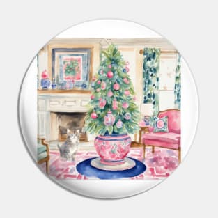 Kitten and a Christmas tree watercolor painting Pin