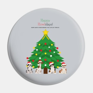 Happy Howlidays with Christmas Tree and Santa Puppies (Great Dane, Australian Shepherd, Brittany Spaniel and English Bulldog) Pin