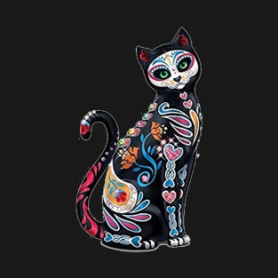 Mosaic Sugar Skull Day Of The Dead Cat Art Apparel T-Shirt