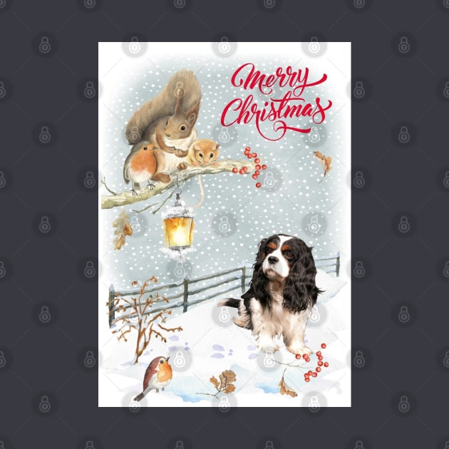 Tri Color Cavalier King Charles Spaniel Merry Christmas Santa Dog by Puppy Eyes