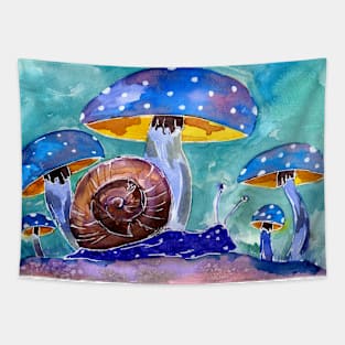 Blue Mushrooms and Purple Snail Tapestry