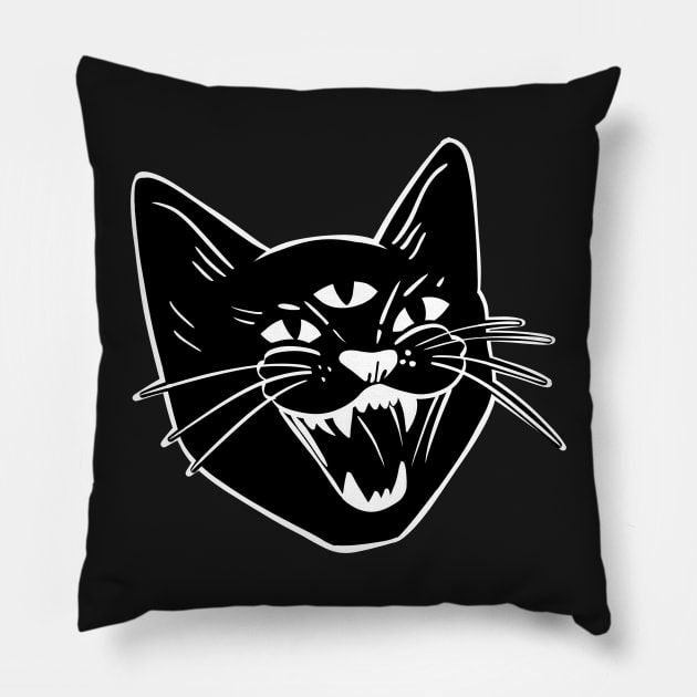Hissing three eyed Black cat Pillow by SusanaDesigns