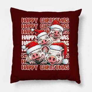 Happy Christmas Pig Family in Santa Hats Pillow