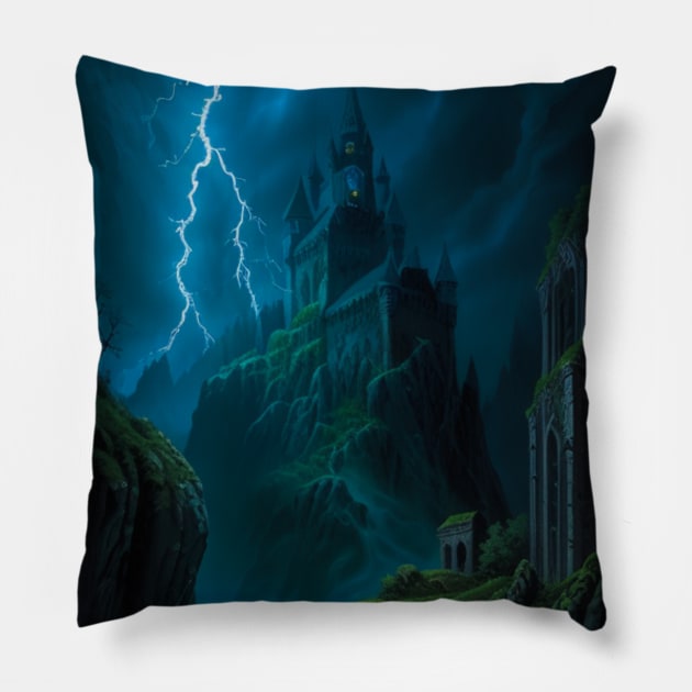 Curse of Strahd Scene - Lightning Strike on Castle Ravenloft Pillow by CursedContent