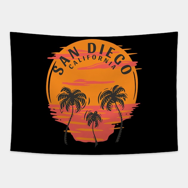 San Diego California Skull Sunset and Palm Trees Tapestry by Eureka Shirts