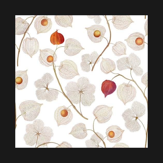 Physalis dry plants seamless watercolor pattern. Cape gooseberry flowers. Autumn Aztec Berries. Golden berry structure by likapix