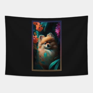 Pomeranian Dog Vibrant Tropical Flower Tall Digital Oil Painting Portrait 2 Tapestry