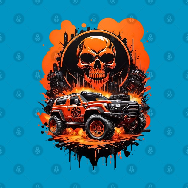 Cybertruck cyberpunk skulls apocalyptic futuristic scifi retro poster by Neon City Bazaar