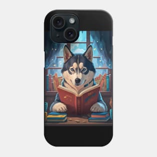 Cute Siberian husky reading book Phone Case