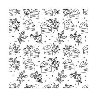 Monochrome strawberry cake and leaf branch seamless pattern T-Shirt