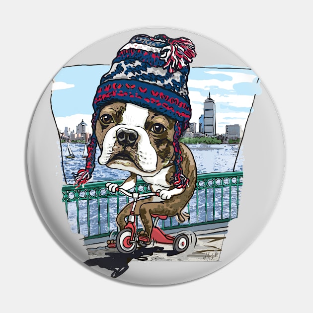 Boston Terrier Dog with Blue Silver and Red Winter Beanie Pin by Mudge