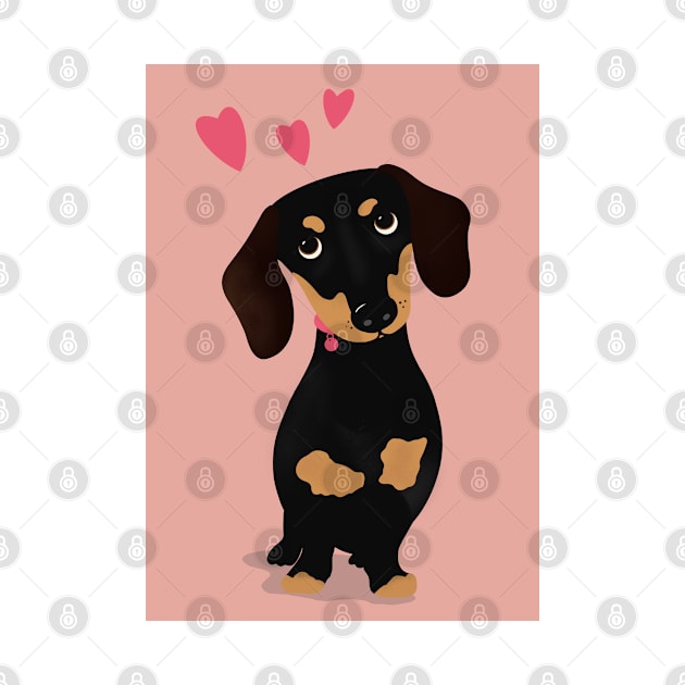 Cute Cartoon Dachshund with Three Pink Hearts by NattyDesigns