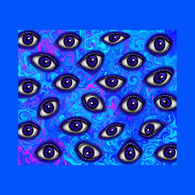 Trippy Psychedelic Blue Eyes on Vivid Bright Neon Blue Green Purple Turquoise Swirl Background by galaxieartshop