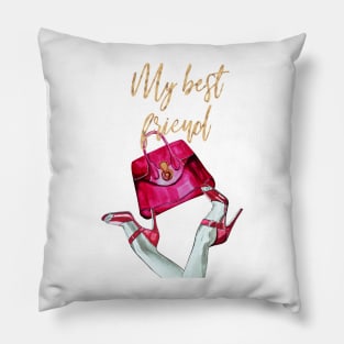 My best friend, quote, red shoes and red bag, watercolor illustration Pillow