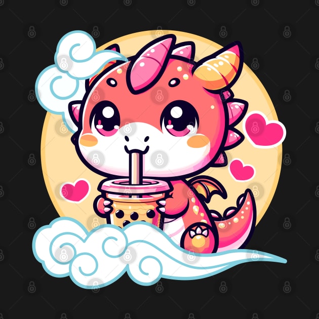 Kawaii Baby Dragon Drinking Boba in the Sky by Half Sugar Boba