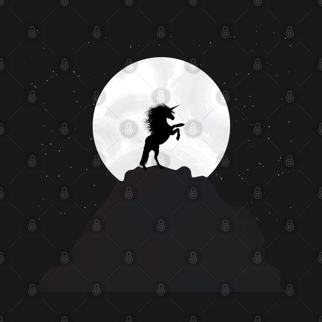 Unicorn on mountain top at full moon by All About Nerds