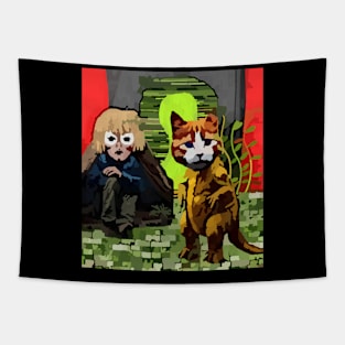 watercolor cat dinosaur camping Tapestry