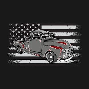 Classic American Pick Up Truck on American Flag T-Shirt