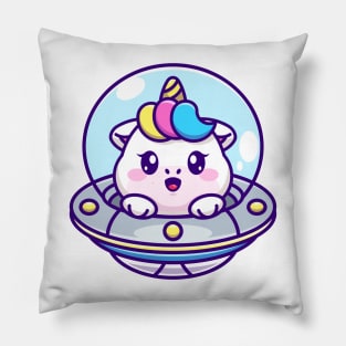 Cute unicorn flying with spaceship ufo cartoon Pillow