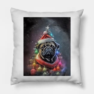 Black Pug Dog Christmas Tree Santa Pillow