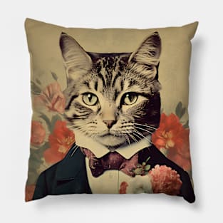 Floral Cat in Suit Portrait Vintage Art Pillow