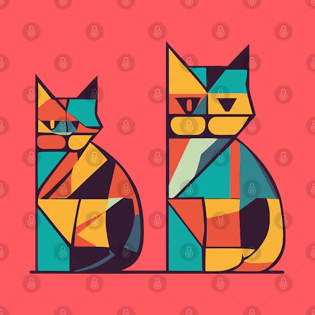 Geometric Cats Colorful Abstract Retro Design by Jabir