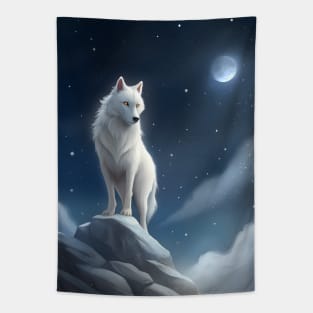 White Wolf Hunting Ground, Winter Mountain Icy Moon, Forest, Galaxy Beautiful gifts Novelty a Wolf portrait Watercolor Tapestry