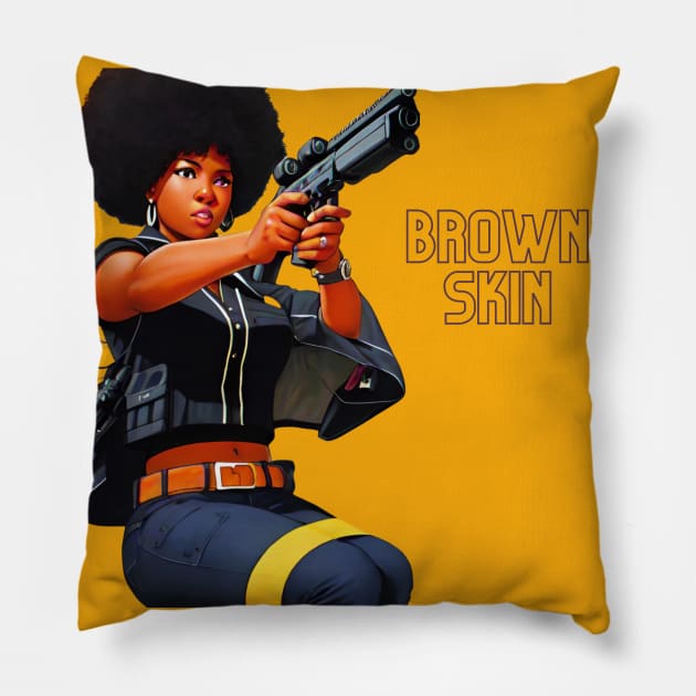 Brown Skin Big Gun Afro Pillow by Brown Skin Garms By Urmajes-Tees 