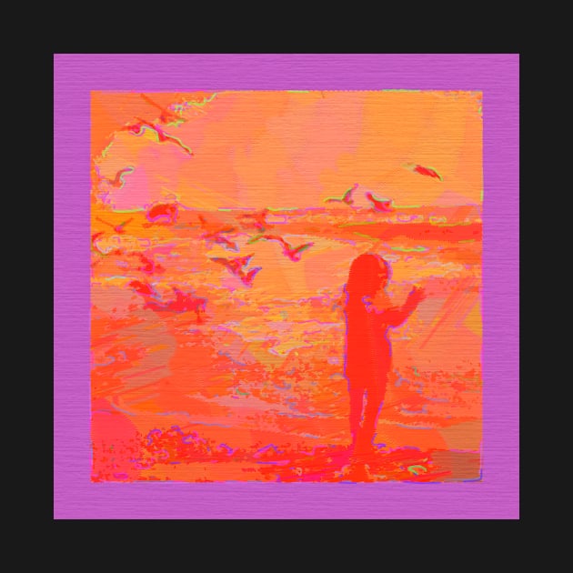 Girl and Seagulls Abstracted in Neon Colors by DANAROPER