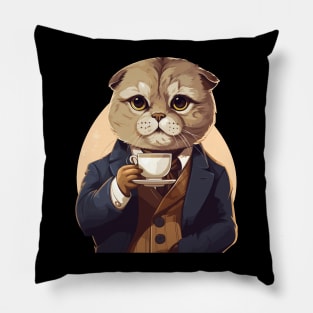 Scottish Fold Cat Drinking Coffee Pillow