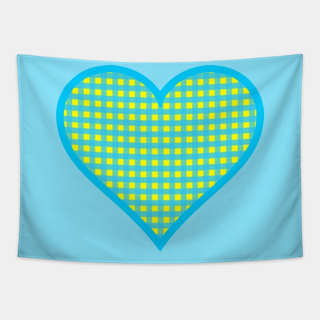 Yellow and Blue Gingham Heart Tapestry by bumblefuzzies